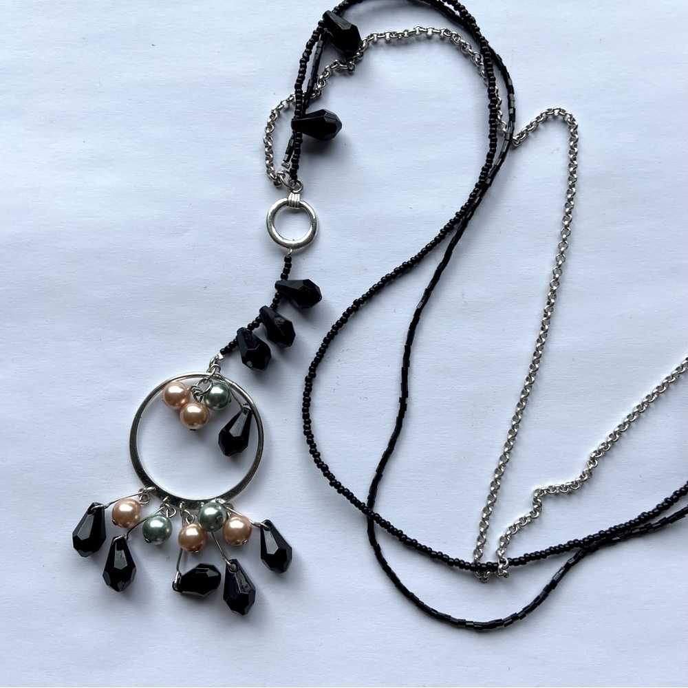 Vintage Black & Silver Beaded Long Necklace